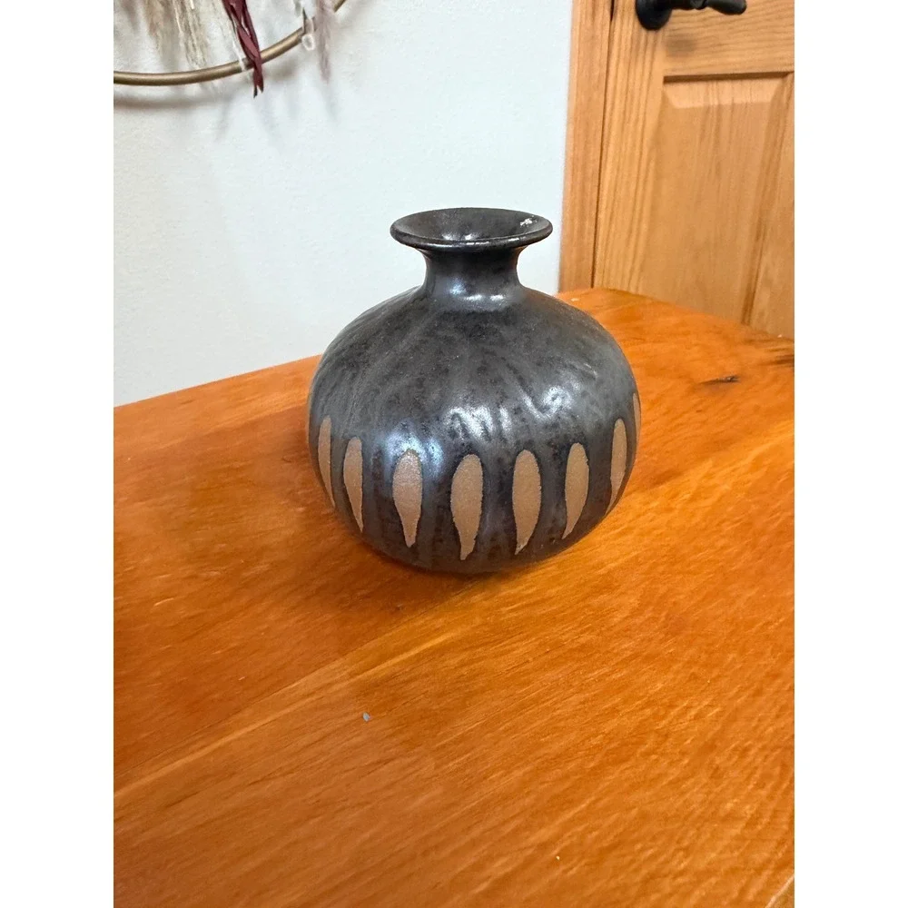 Artisan Studio Pottery Bud Vase Dark Metallic Glaze Stoneware Handcrafted 4.5